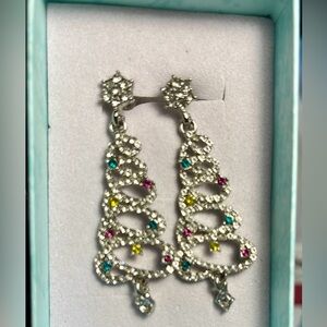 Christmas Silver Spiral Dangle Earrings with Multicolor Gems